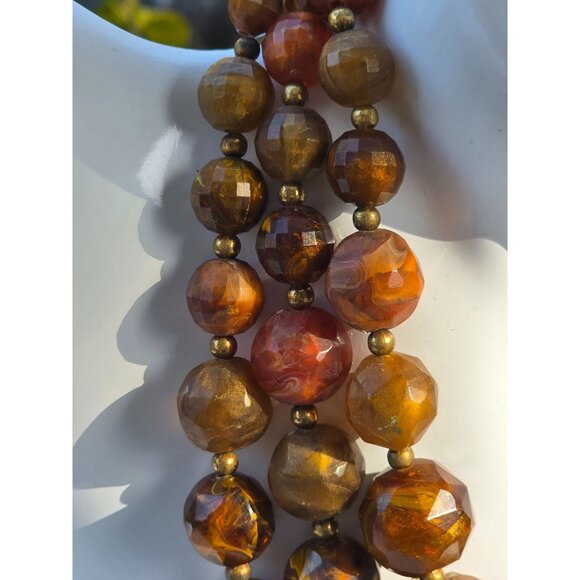 Vintage Multi-Strand Amber & Brown Beaded Choker Necklace With Gold-Tone Clasp - Picture 13 of 16